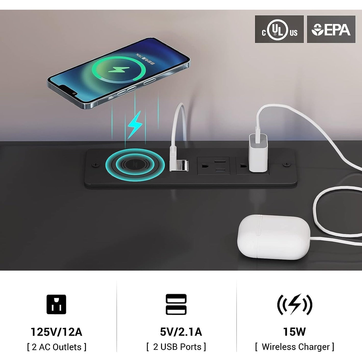 2 Drawers LED Nightstand Wireless Charging Station Pull-Out Shelf