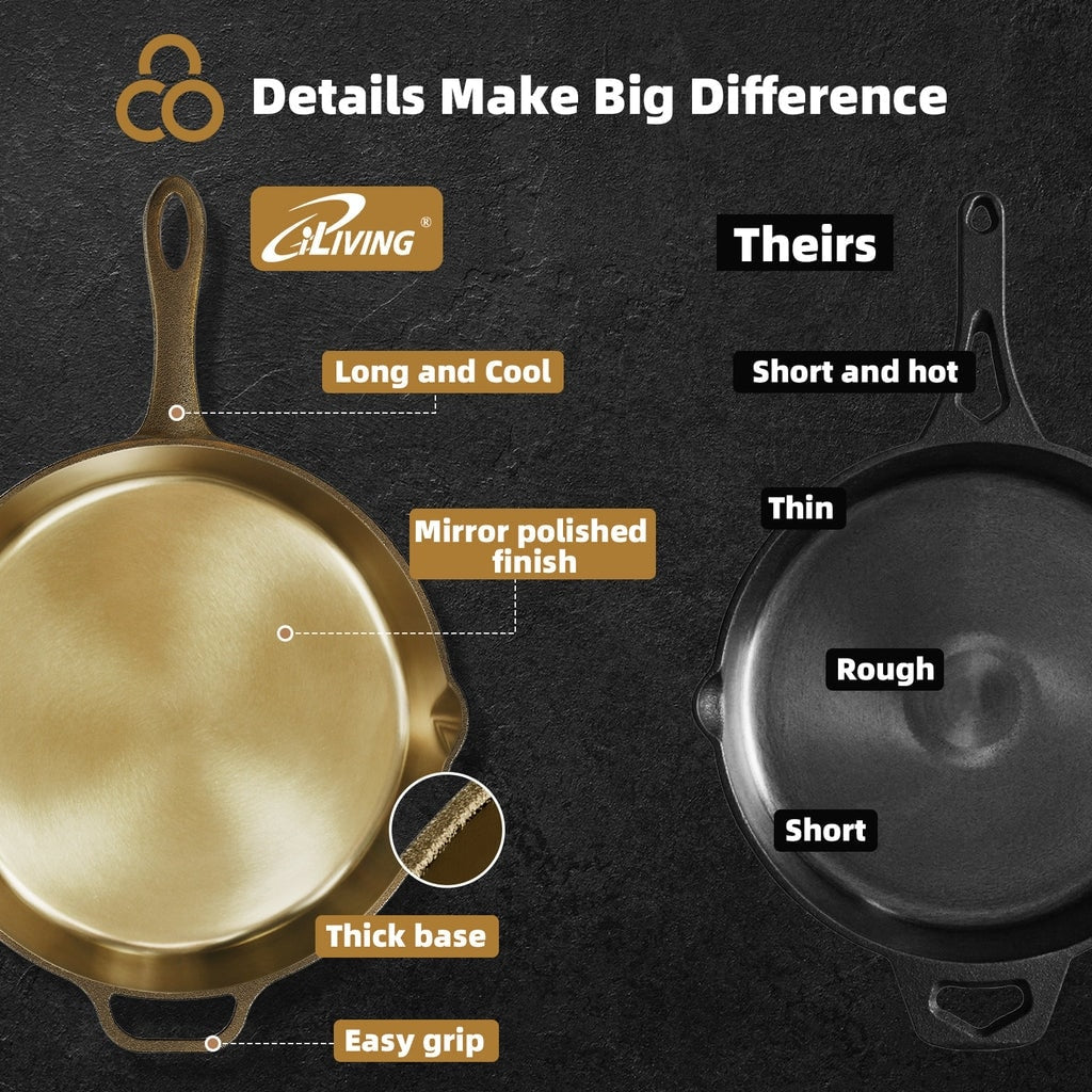 iLiving Seasoned Modern Heirloom Mirror Polished Cast Iron Skillet Pan 12 (2.7/3.7L)