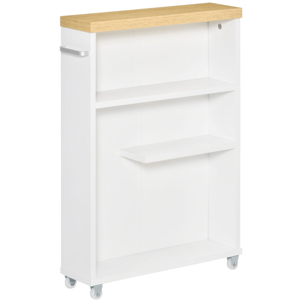 kleankin Slim Bathroom Cabinet with Castor Wheels Storage Organizer and Wood Shelves to Fit in Small Spaces, White