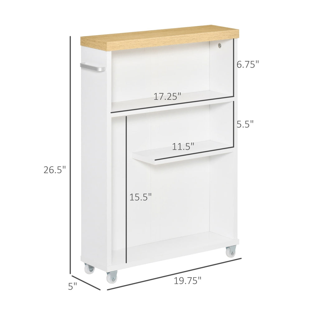 kleankin Slim Bathroom Cabinet with Castor Wheels Storage Organizer and Wood Shelves to Fit in Small Spaces, White